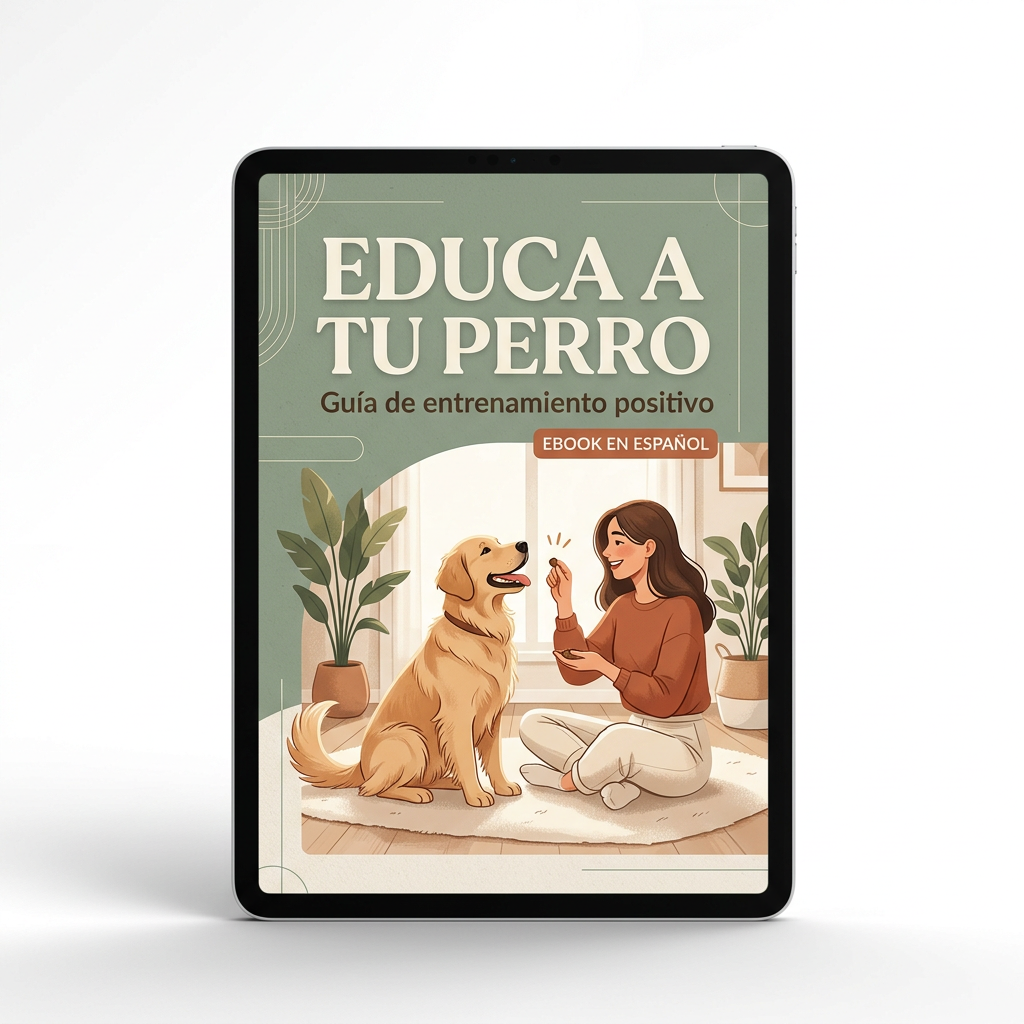 Mockup de la portada del ebook Educa a tu perro: guía de entrenamiento positivo sobre fondo blanco
